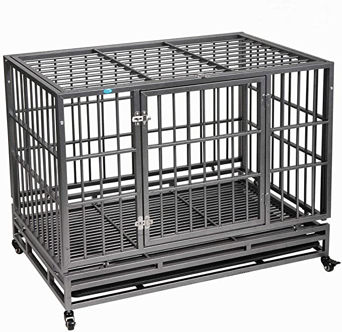 COZIWOW Heavy-Duty Large Dog Pets Kennel Cage Crate - Double Doors 4 Lockable Wheels, Metal Dog Crate, Safe Metal Tray, Leak-Proof Dog Tray, Black