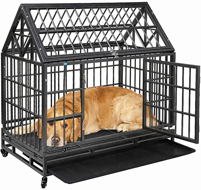COZIWOW Heavy-Duty Large Dog Pets Kennel Cage Crate - Double Doors 4 Lockable Wheels - 42 x 28 x 44 inches