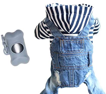 CrysEmera Pet Dog Cat Clothes Blue Striped Jeans Jumpsuits Blue Vintage Washed Vests for Small Puppy Medium Large Dogs with Bone Shaped Dog Waste Bag Dispenser