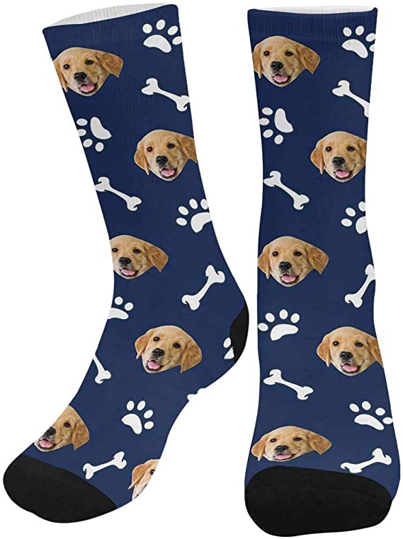 Custom Face Socks for Men Cute Dog Bone and Paw Personalized Socks for Christmas