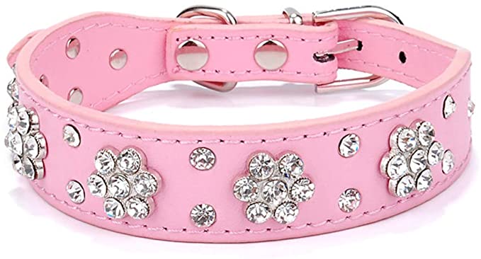 Cute Dog Collar with Bling Bling Rhinestones - Diamond Flower Pattern Studded Leather Dog Collar - Fit Small and Medium Dogs