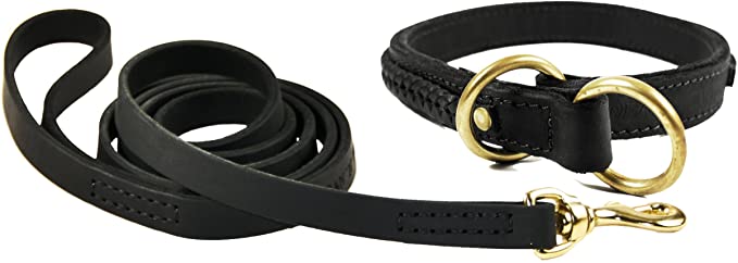 Dean & Tyler Bundle - One "Classy Keir" Collar 22" With One Matching "No Assumptions" Leash, 6 FT Solid Brass Hardware - Black.