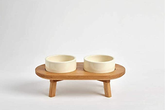 Dining Set Wood White Oak, The Dog Feeder and Cat Raised pet Bowls for Small to Medium Dogs and Cats - Puppy Feeding Station or Cat Food Bowl with Stand
