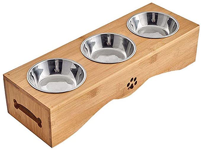 DjfLight Limited Sales Pet Bowl,Bamboo Wood Stainless Steel Production Food and Drinking Bowls Combination with Bamboo Frame for Dogs and Cats