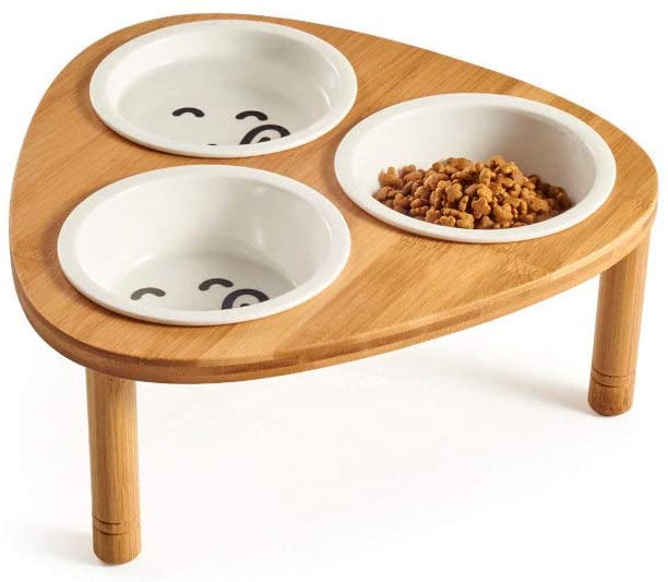 DjfLight The New Pet Bowl,Triangle Bamboo Wood Stainless Steel Production Food and Drinking Bowls Combination with Bamboo Frame for Dogs and Cats