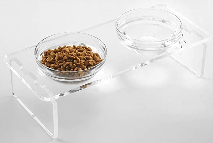 Dog and Cat Bowls Elevated Set - Acrylic Feeder Stand with 2 Set Removable Stainless Steel and Glass Bowls Food and Water Raised Dishes for Small Pet