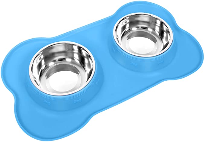 Dog Cat Bowls Stainless Steel Double Dog Food and Water Bowls with No-Spill No-Skid Silicone Mat