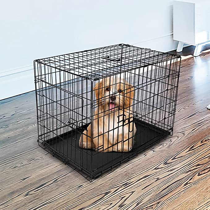 Dog Cat Rabbit Crate 2-Doors Folding Metal Dog Kennel with Removable Tray Animal Playpen Wire Metal Cage,(30.5 x 19.09 x 21.85 Inches)