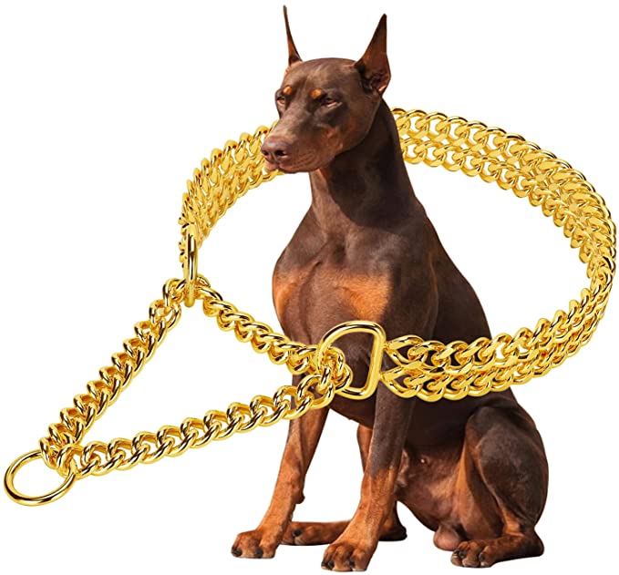 Dog Choke Training Collar,Dog Choke Collars for Dogs,18K Gold Cuban Link Dog Choke Collars, Double Row Gold Dog Collar for Small Medium Large Dogs