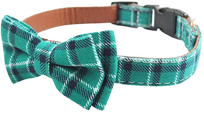 Dog Collar Bow Tie - Adorable Plaid Sturdy Soft Material&Leather Dog Collars for Small Medium Large Dogs Breed Pup Adjustable 18 Colors and 3 Sizes (Cyan Plaid, S 10"-14")