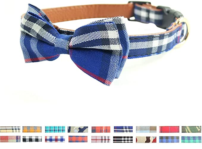 Dog Collar with Bow - Adorable Plaid Sturdy Soft Material&Leather Dog Collars for Small Medium Large Dogs Breed Pup Adjustable 18 Colors 3 Sizes (Blue Plaid 2, S 10"-14")