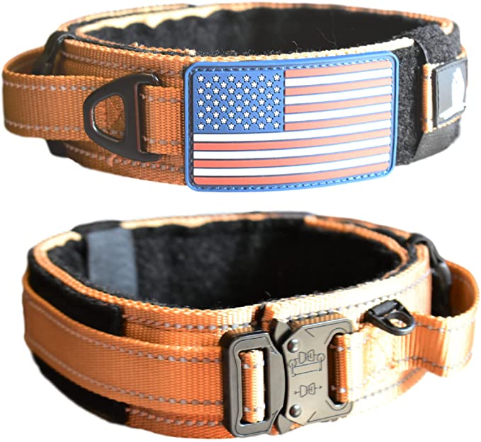 Dog Collar with Control Handle Quick Release Metal Buckle Heavy Duty Military Style 2" Width Nylon with USA Flag for Handling and Training Large Canine Male Or Female K9