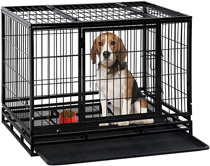 Dog Crate Cage for Large Dogs Heavy Duty 48/42/36Inches Dog Kennel Pet Playpen for Training Indoor Outdoor with Plastic Tray Double Doors & Locks Design - 37 x 24.8 x 31.52 in