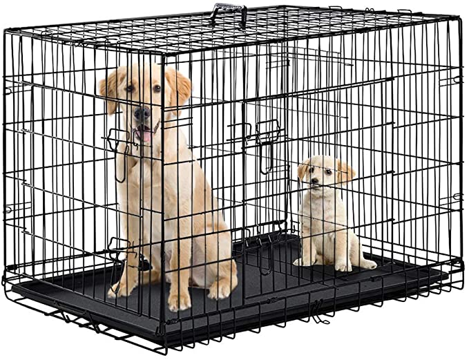 Dog Crate Dog Cage Pet Crate 48 Inch Folding Metal Pet Cage Double Door W/Divider Panel Dog Kennel Leak-Proof Plastic Tray Wire Animal Cage