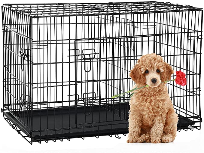 Dog Crate Large Dog Crate 48 Inch Double-Door Folding Medium Dog Kennel Wire Pet Cage with Divider Plastic Tray