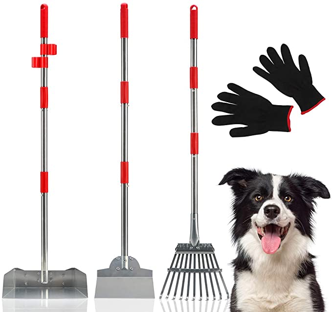 Dog Pooper Scooper 3 Pack - Pet Poop Tray Rake Spade Set with Metal Long Detachable Handle, Clean Response Waste Removal Scooper with Gloves for Dogs Pets