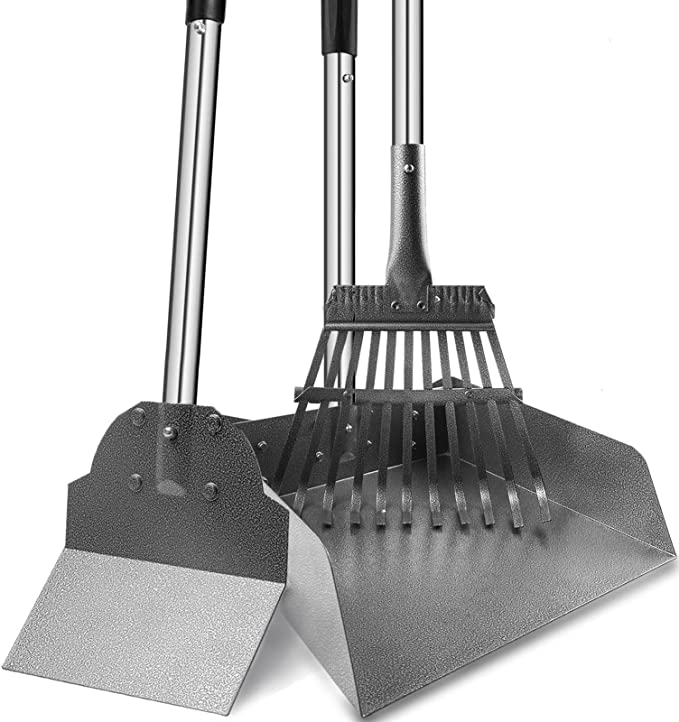 Dog Pooper Scooper, Tray, Rake and Spade 3 Pack Poop Scooper Adjustable Long Handle Metal with Bin for Pet Waste Removal, No Bending Clean Up Dog Pooper Scooper for Large and Small Dogs