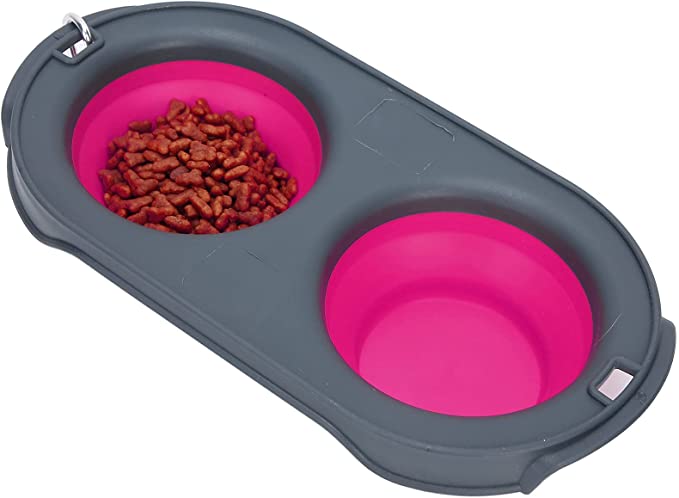 Dog/Cat Bowl, Silica Gel Easy to Pet Raised Feeder for Camping and Walking for Traveling Hiking(Pink)