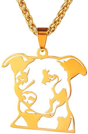 Dogdotnet Gold Plated Stainless Steel Natural Ear Pitbull Pit Bull Staffordshire Bull Terrier Dog Head Outline Pet Dog Tag Breed Collar Charm Pendant PLUS Gold Plated Chain Necklace