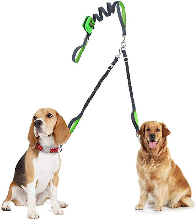 Dual Dog Leash 360°No Tangle Double Handle Leash Dog Walking & Training Leash Reflective Adjustable Dog Leash Comfortable Shock Absorbing Reflective Bungee for 2 Dogs with Waste Bag & Dispenser