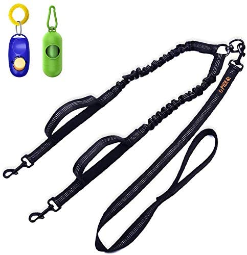 Dual Dog Leash,Double Dog Leash,360°Swivel No Tangle Double Dog Walking & Training Leash,Comfortable Shock Absorbing Reflective Bungee for Two Dogs with Waste Bag Dispenser and Dog Training clicker