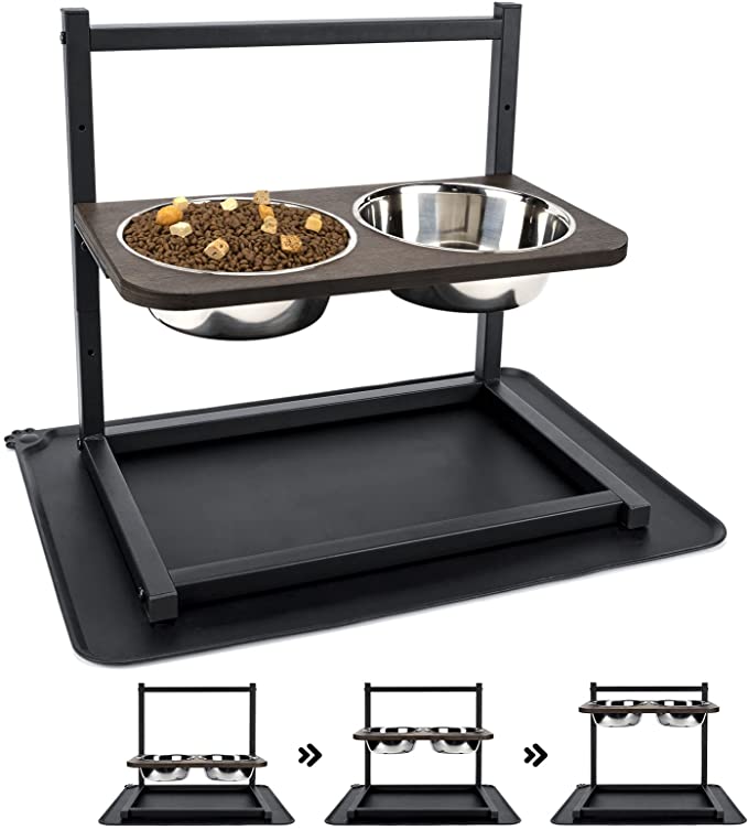Emfogo Dog Bowls Raised Dog Bowl Stand Feeder Adjustable Elevated 3 Heights5in 9in 13in with Capacity Collapsible Travel Bowls for Small to Large Dogs and Cats 16.5x16 inch - Weathered Walnut-1