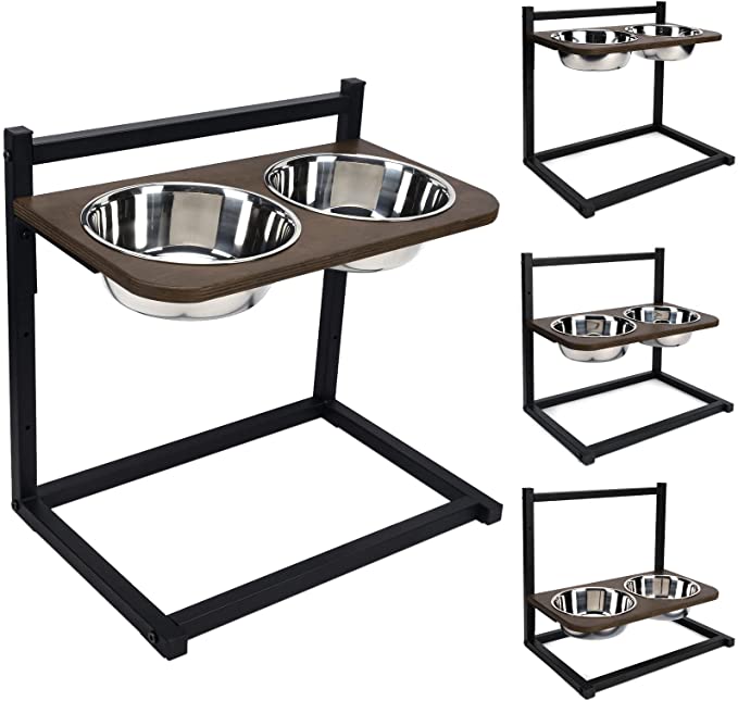 Emfogo Dog Cat Food Bowls Raised Dog Bowl Stand Feeder Adjustable Elevated 3 Heights 5in 9in 13in with Stainless Steel Food and Water Bowls for Small to Large Dogs and Cats 16.5x16 inch