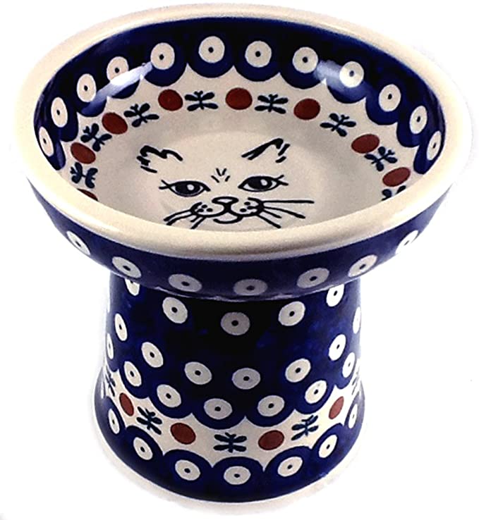 Ergonomically Correct Polish Pottery Raised Dry Food Dish Bowl Mosquito Cat Face