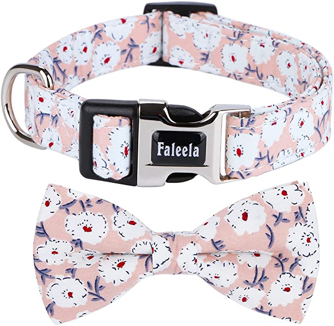 Faleela Soft &Comfy Bowtie Dog Collar,Detachable and Adjustable Bow Tie Collar - Pink Flower