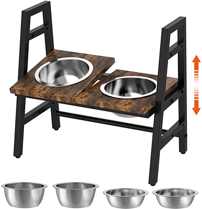 FavePaw Pet Bowls, Adjustable Raised Bowls for Dogs and Cats with 4 Stainless Steel Bowls and 0-15°Adjustable Platform
