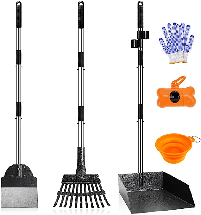 FAVOR MOVE Dog Pooper Scooper, 3 Pack Metal Pet Poop Extra Large Tray, Rake and Spade Set with Adjustable Long Handle for Large and Small Dogs Waste Removal Scooper, Great for Lawns, Grass, Gravel