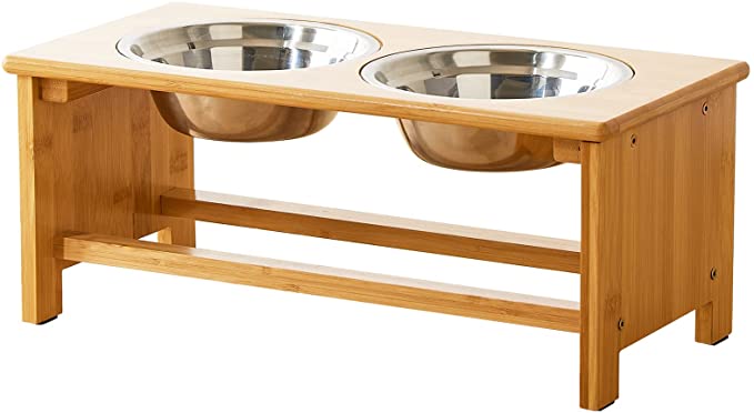 FILWH Bamboo Elevated Dog Bowls, Raised Dog Cat Food and Water Bowls Elevated Feeder Stand with 2 Stainless Steel Bowls and Anti Slip Feet - 4 for Small to Large Dogs