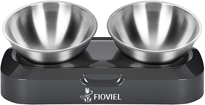 FIOVIEL Tilted Cat Food Bowls, Elevated Dog Cat Bowls with 2 Stainless Steel Bowls, Non Slip No Spill dog water bowl, 15° Tilted Raised Cat Food and Water Bowls, for Cats, Kittens, Small Dogs (Double)