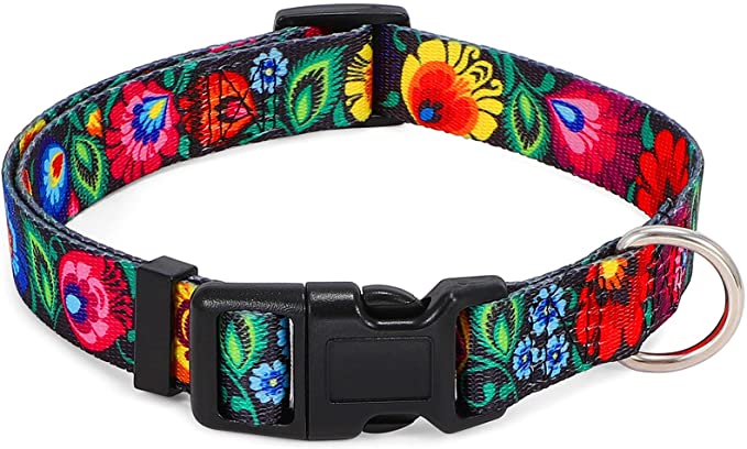 Flower Print Girl Dog Collar WOWOGO Colorful Floral Rose Print Dog Collar Personalized Soft Comfortable Adjustable Collars for Small Medium Large Dogs