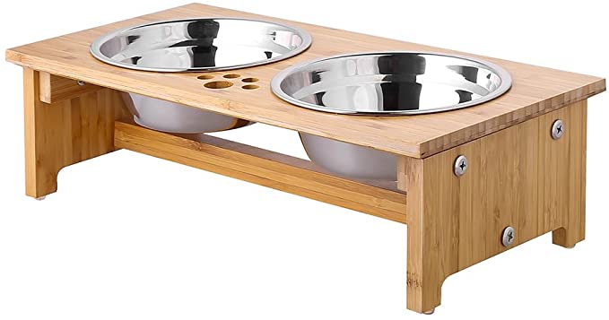 FOREYY Raised Pet Bowls for Cats and Small Dogs, Bamboo Elevated Dog Cat Food and Water Bowls Stand Feeder with 2 Stainless Steel Bowls and Anti Slip Feet - 15.35 x 7.48 x 3.94