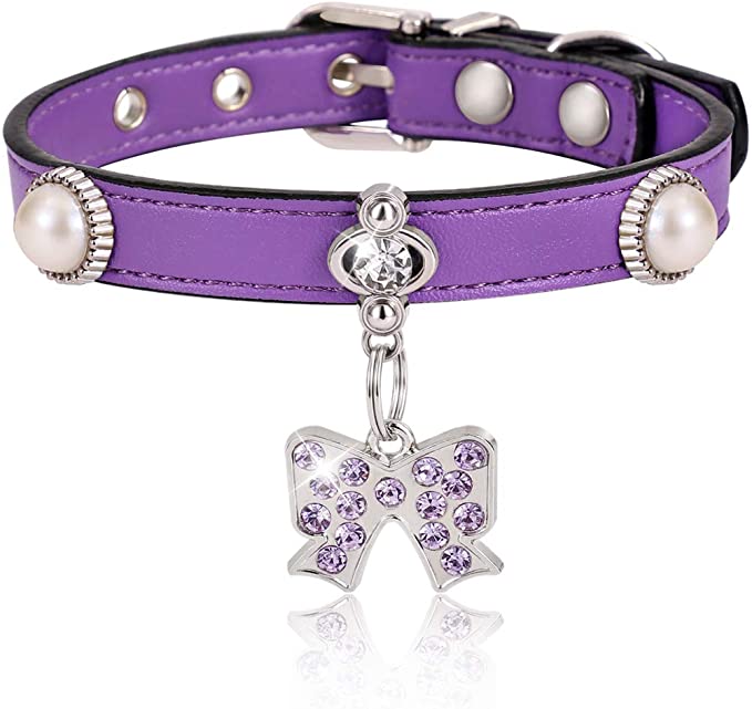 Freewindo Cat Collar with Bling Diamante Pendant, Soft PU Leather Adjustable Small Dog Collar for Cats and Puppies (Purple, Bow)