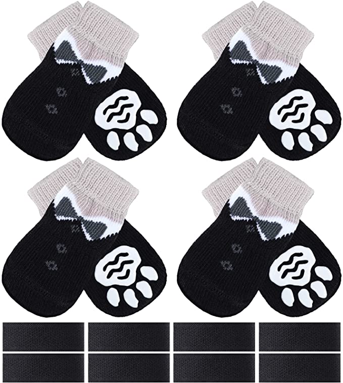 Frienda 8 Pieces Anti-Slip Dog Socks Pet Paw Protector Socks Soft Non Skid Knit Dogs Socks Rubber Sole Traction Control Pet Paw Protector with Adjustable Straps for Puppy Dog Cat - Small