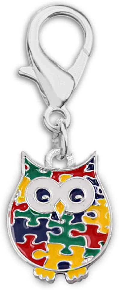 Fundraising For A Cause | Autism Owl Hanging Charms with Puzzle Pieces" Cute Autism/Asperger's Owl Charms for Dog/Pet/Cat Collars, Purses, Zipper Pulls (Pack of 10)