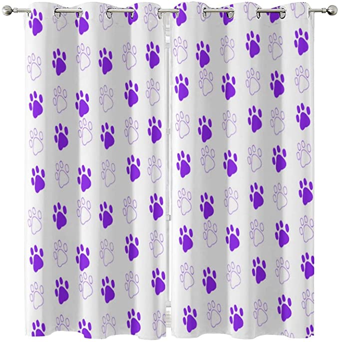 Funny Dog Paws Blackout Curtains for Bedroom Purple Dog Paw Print Thermal Insulated Grommet Curtains Drapes for Girls Bedroom Living Room Decor, W72 x L84 Inch