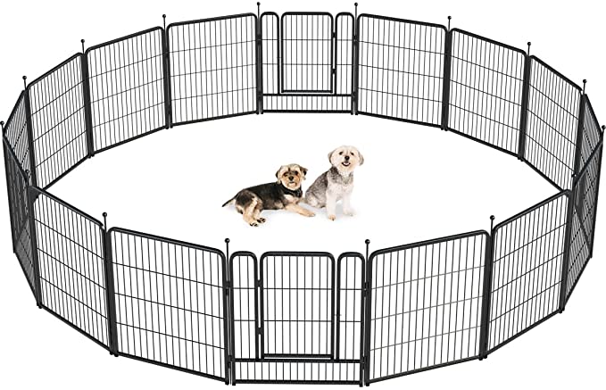 FXW Dog Playpen, Heavy Duty Dog Pen, Outdoor Indoor Dog Kennel 16/8 Panels 32-inch Metal Dog Fence Cage Gate with Poles & Doors for Large Medium Small Dogs Pets Animals, Black