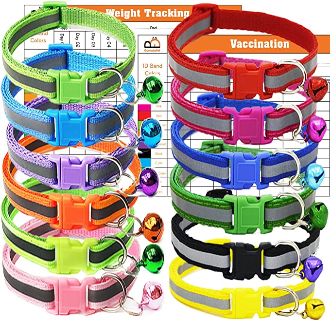 GAMUDA Puppy Collars " Super Soft Nylon Whelping Puppy Collars - Adjustable Litter Collars Pups " Assorted Colors Reflective Plain & Identification Collars with 2 Record Keeping Charts " Set of 12