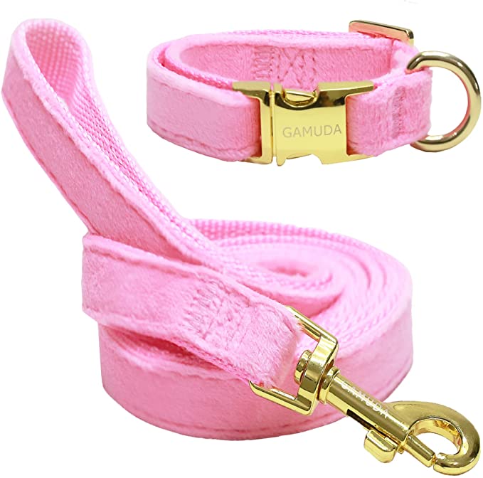 GAMUDA Velvet Dog Collar and Leash, Super Soft and Smooth, Heavy Duty Gold Buckle