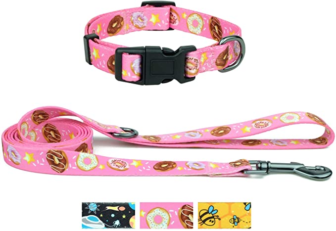 Garwor Dog Collar and Leash Set, 3 Fun Patterns Adjustable Dog Collar with Safety Lock Buckle and D-Ring, 5 ft Matching Dog Leash