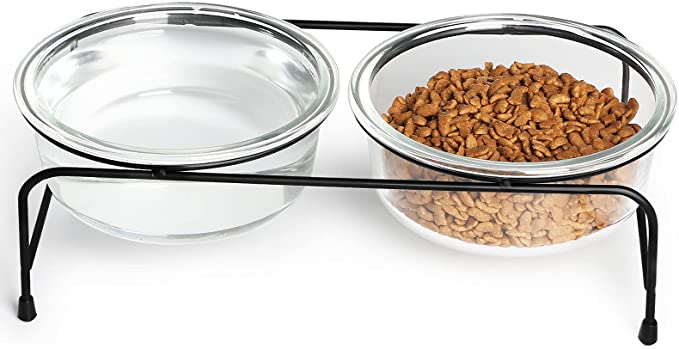 GDCZ Glass Raised Cat or Small Dog Bowls with Heighten Metal Stand and Non-Slip Bottom for Pet Food and Water Dishes 