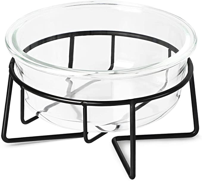 Glass Raised Cat or Small Dog Dishes with Metal Stand, 20 Ounces Pet Food or Water Bowls ,Transparent