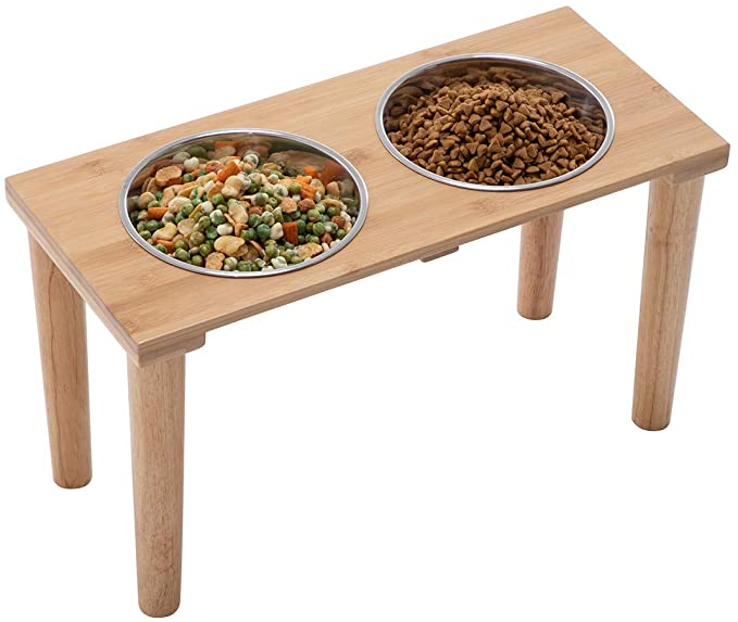 GOBAM Elevated Dog Food Bowls Stand with Stainless Steel Bowls, Bamboo