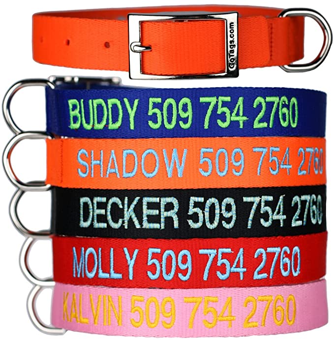 GoTags Custom Embroidered Dog Collar with Metal Buckle, Personalized Dog Collar with Pet Name and Phone Number, 10 Collar Sizes for Puppy and Dogs Extra Small, Small, Medium or Large