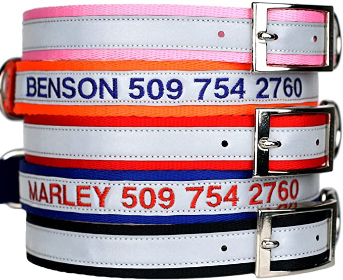 GoTags Embroidered Reflective Dog Collars with Metal Buckle, Personalized Dog Collar Custom Embroidered with Pet Name and Phone Number, Sizes for Puppy and Dogs Extra Small, to Medium and Large