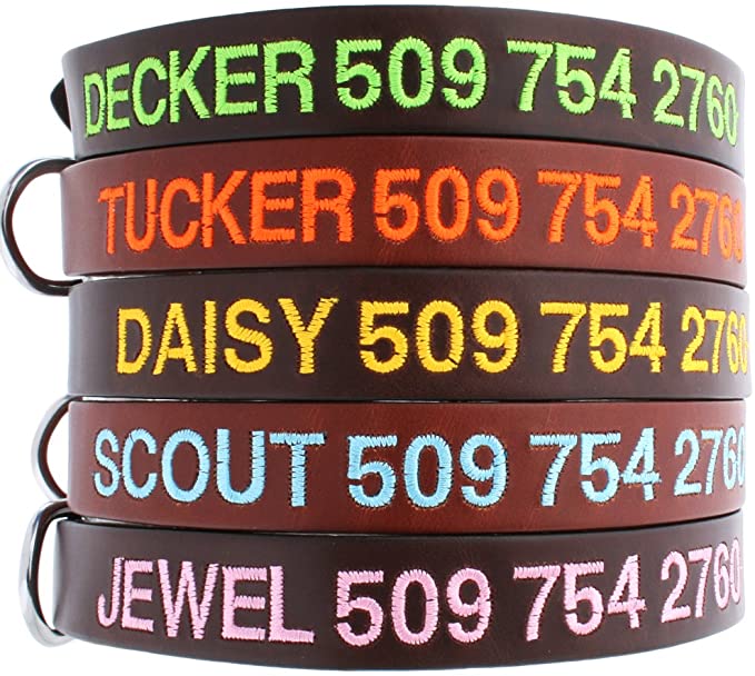 GoTags Personalized Leather Dog Collars, Custom Embroidered with Pet Name and Phone Number
