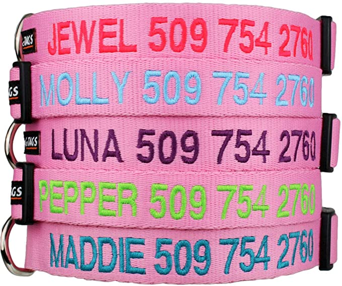 GoTags Personalized Pink Dog Collars, Custom Embroidered Dog Collars with Pet Name and Phone Number